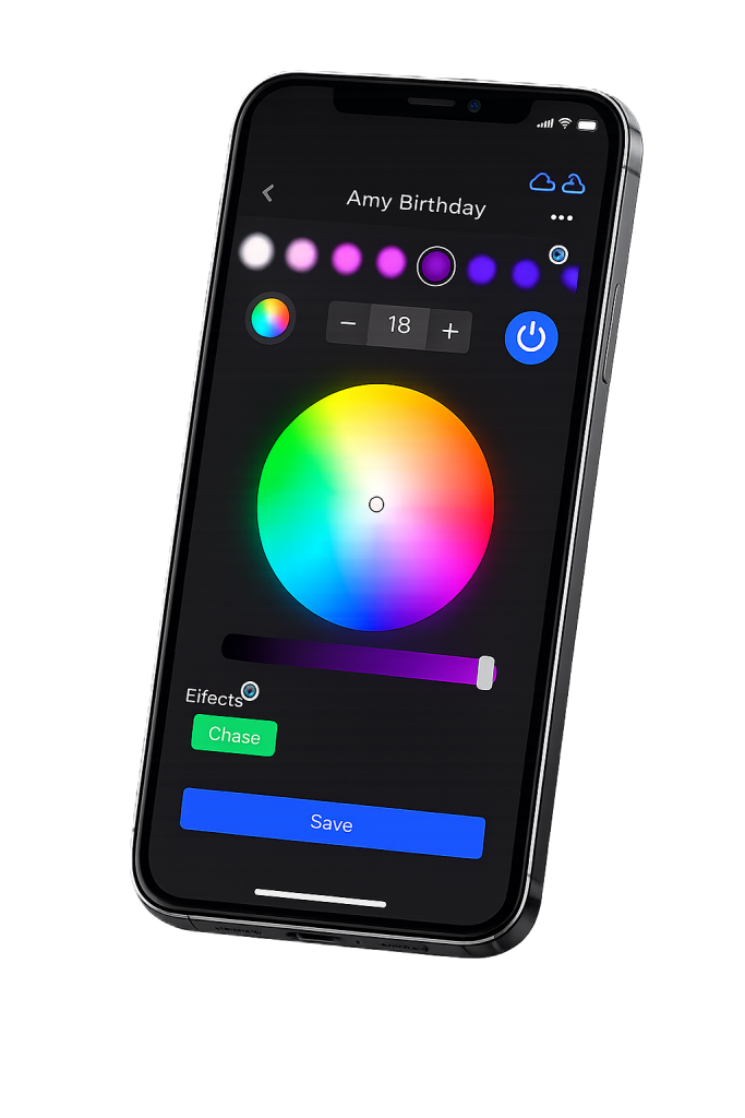 isometric phone image displaying a multicolored set of light icons and a color editing app screen